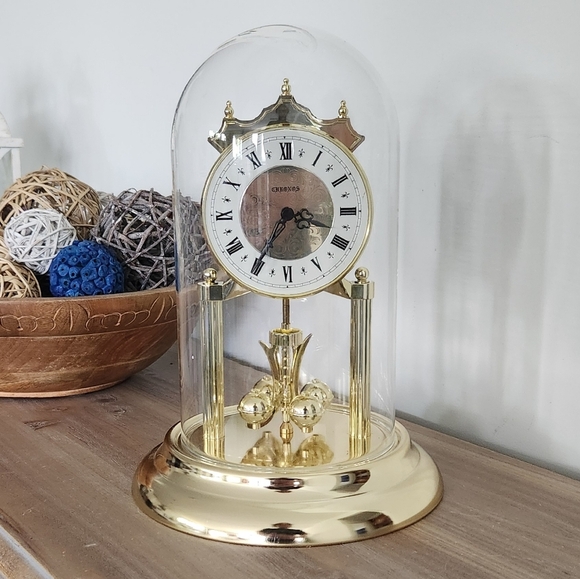 Chronos Glass Dome Anniversary Clock, Rotating Pendulum Gold Mantel Clock - Picture 1 of 15